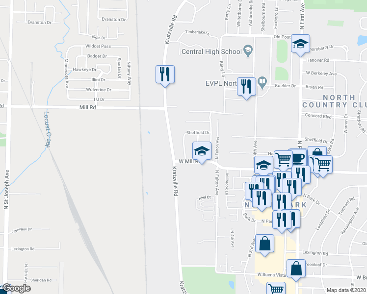 map of restaurants, bars, coffee shops, grocery stores, and more near 4727 Ridge Knoll Drive in Evansville
