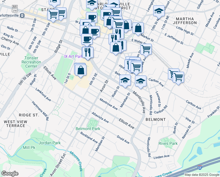 map of restaurants, bars, coffee shops, grocery stores, and more near 706 Bolling Avenue in Charlottesville