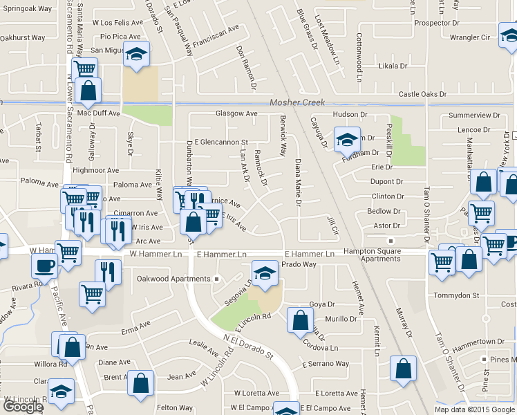 map of restaurants, bars, coffee shops, grocery stores, and more near 8032 Lan Ark Drive in Stockton
