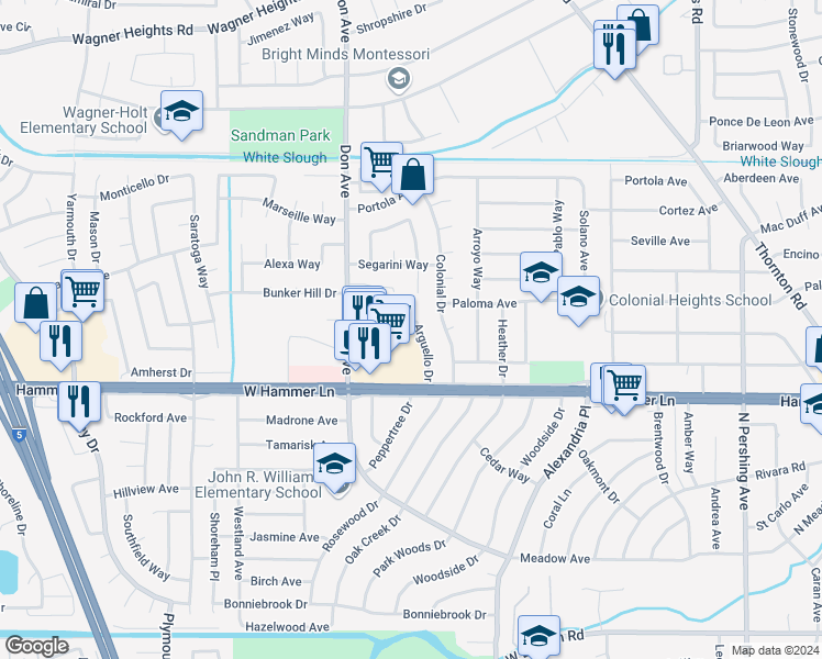 map of restaurants, bars, coffee shops, grocery stores, and more near 2227 Santiago Way in Stockton