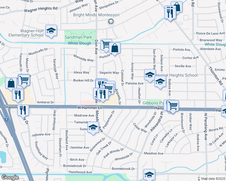 map of restaurants, bars, coffee shops, grocery stores, and more near 2227 Santiago Way in Stockton