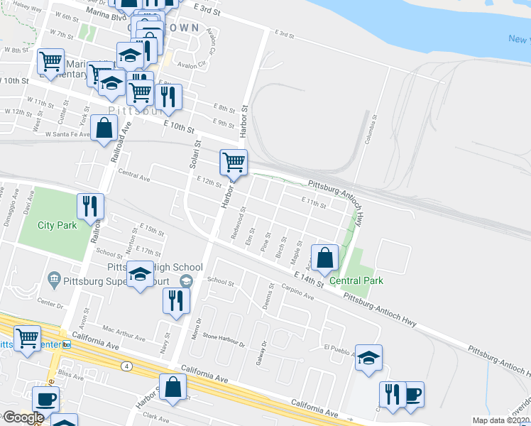 map of restaurants, bars, coffee shops, grocery stores, and more near in Pittsburg