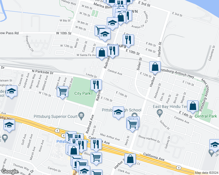 map of restaurants, bars, coffee shops, grocery stores, and more near 173 East 15th Street in Pittsburg
