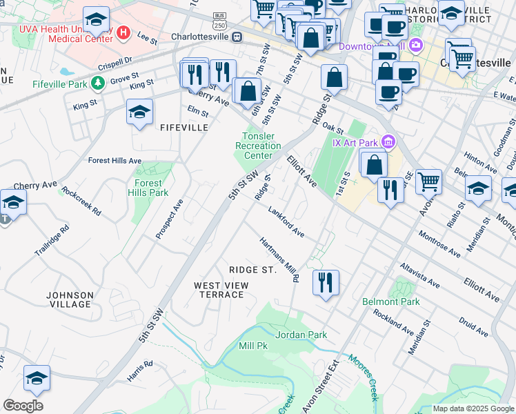 map of restaurants, bars, coffee shops, grocery stores, and more near 721 Ridge Street in Charlottesville