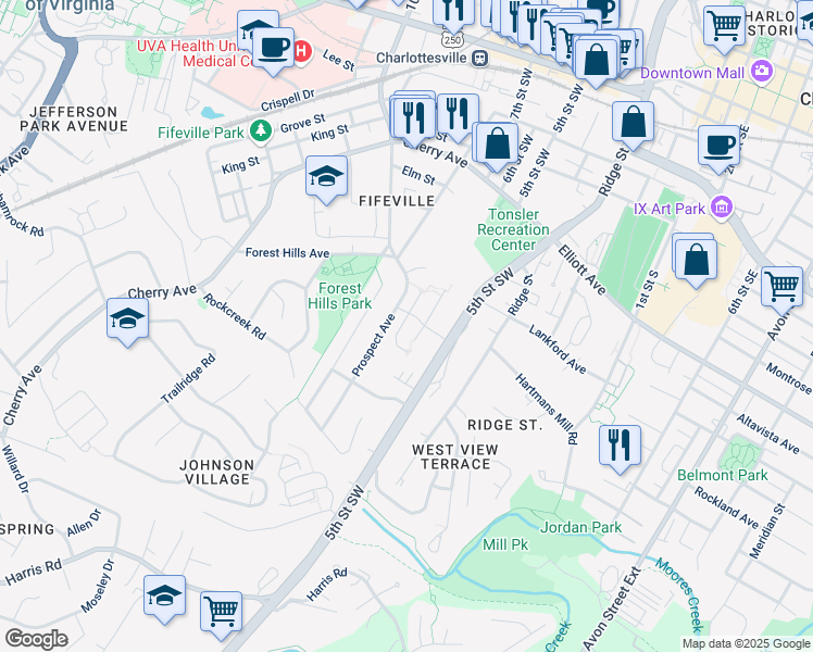 map of restaurants, bars, coffee shops, grocery stores, and more near 740 Prospect Avenue in Charlottesville