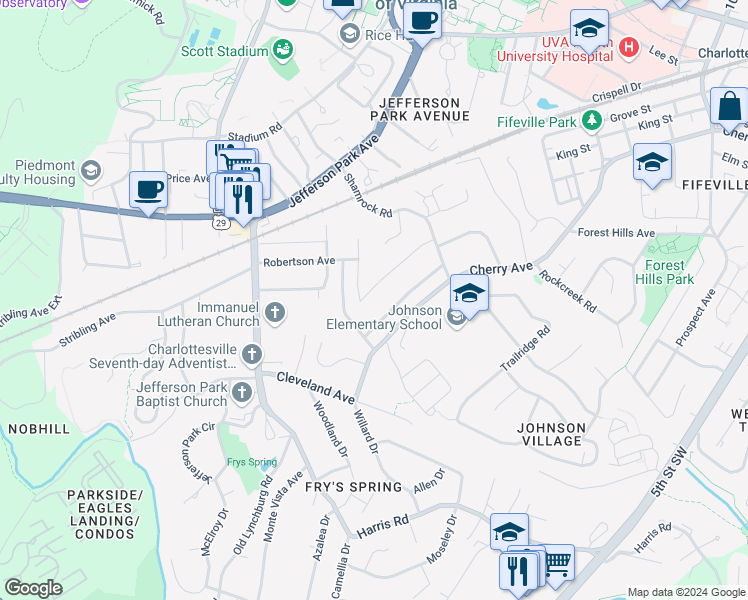 map of restaurants, bars, coffee shops, grocery stores, and more near 1638 Center Avenue in Charlottesville