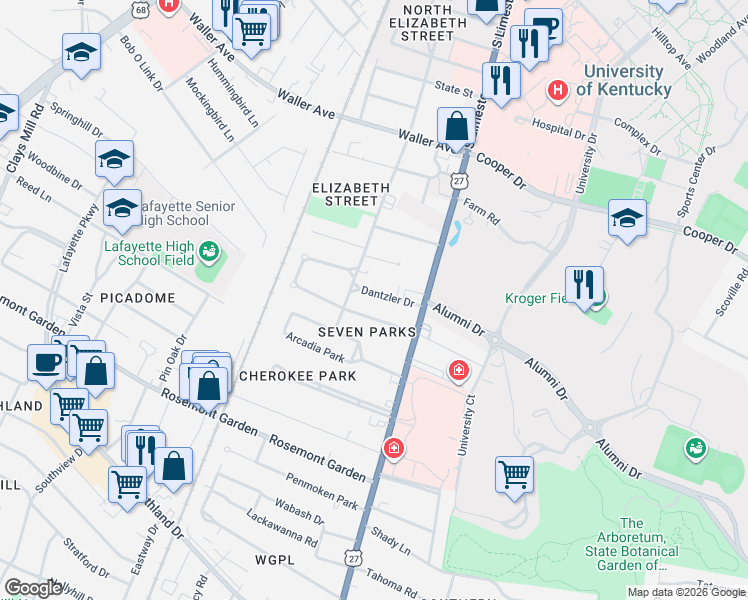 map of restaurants, bars, coffee shops, grocery stores, and more near 115 Dantzler Drive in Lexington