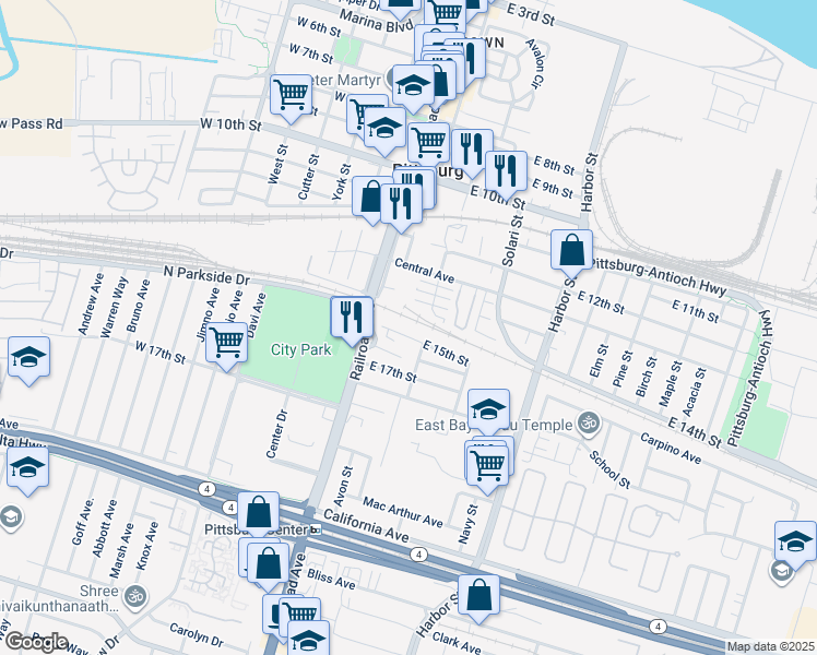 map of restaurants, bars, coffee shops, grocery stores, and more near 173 East 15th Street in Pittsburg