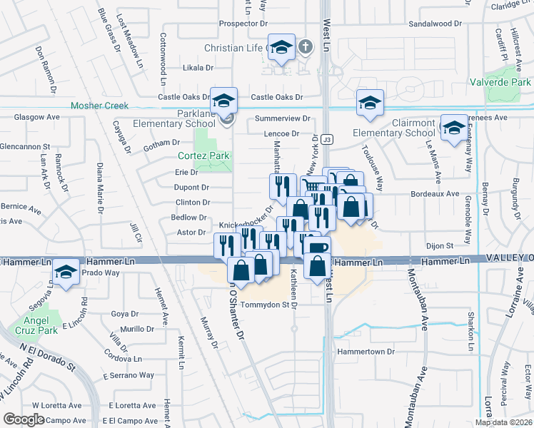 map of restaurants, bars, coffee shops, grocery stores, and more near 8165 Palisades Drive in Stockton