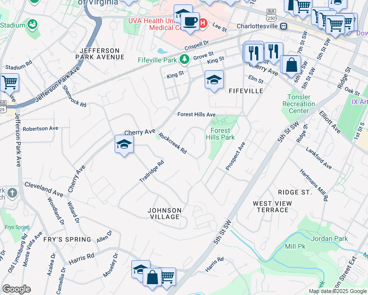 map of restaurants, bars, coffee shops, grocery stores, and more near 703 Rockcreek Road in Charlottesville