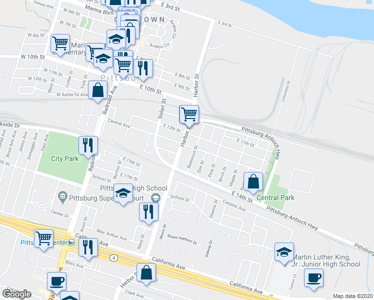 map of restaurants, bars, coffee shops, grocery stores, and more near 532 Central Avenue in Pittsburg