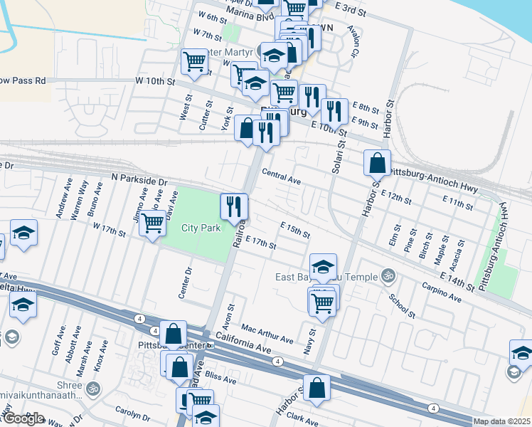 map of restaurants, bars, coffee shops, grocery stores, and more near 153 East 15th Street in Pittsburg
