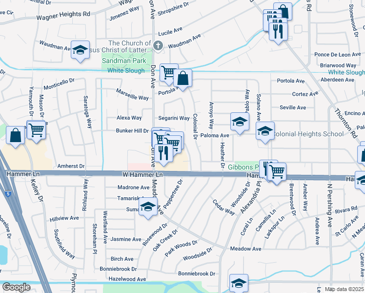 map of restaurants, bars, coffee shops, grocery stores, and more near 2227 Santiago Way in Stockton