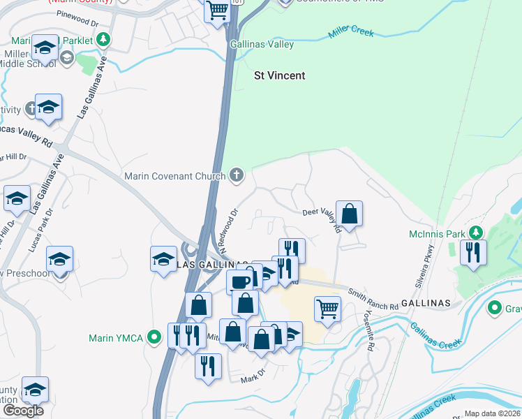map of restaurants, bars, coffee shops, grocery stores, and more near 955 Cresta Way in San Rafael