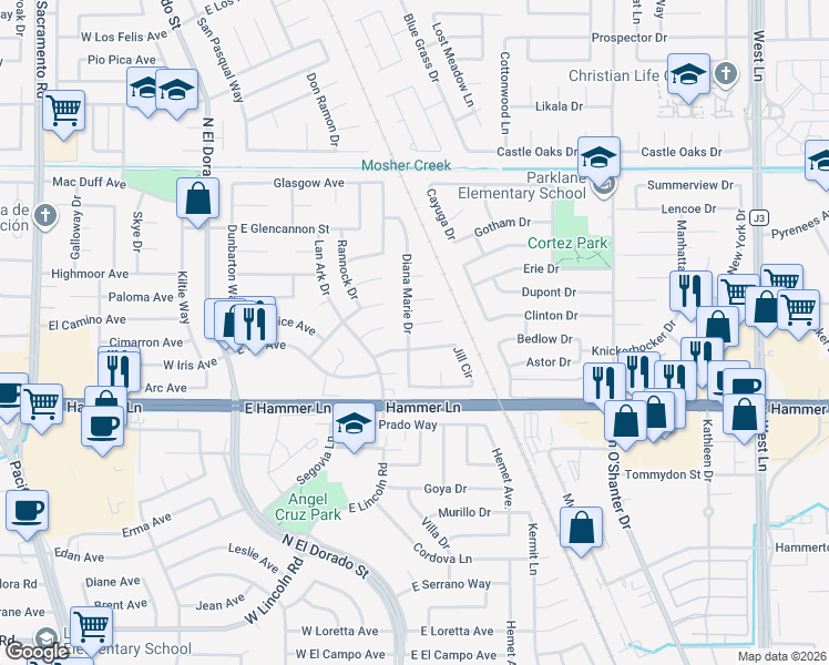 map of restaurants, bars, coffee shops, grocery stores, and more near 302 Lisa Court in Stockton