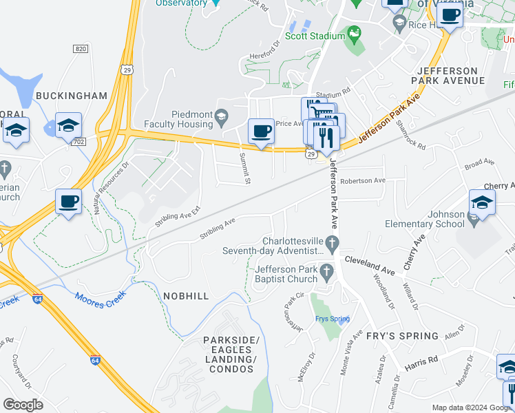 map of restaurants, bars, coffee shops, grocery stores, and more near 207 Stribling Avenue in Charlottesville