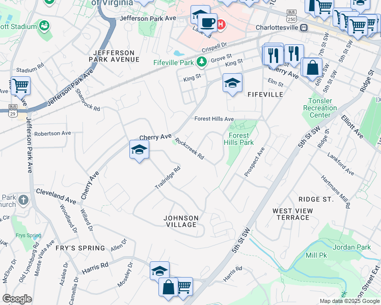 map of restaurants, bars, coffee shops, grocery stores, and more near 616 Rockcreek Road in Charlottesville