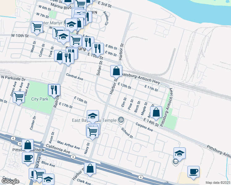 map of restaurants, bars, coffee shops, grocery stores, and more near 532 Central Avenue in Pittsburg