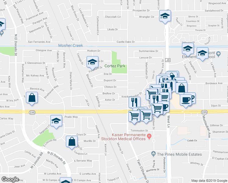map of restaurants, bars, coffee shops, grocery stores, and more near 801 Bedlow Drive in Stockton