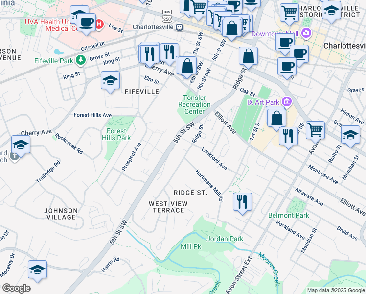 map of restaurants, bars, coffee shops, grocery stores, and more near 103 Linden Street in Charlottesville