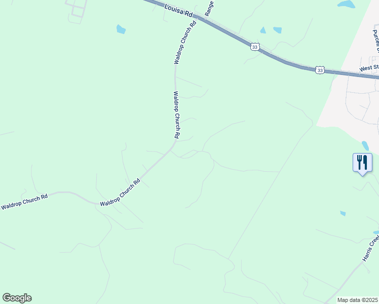 map of restaurants, bars, coffee shops, grocery stores, and more near Martin Village Road in Louisa County