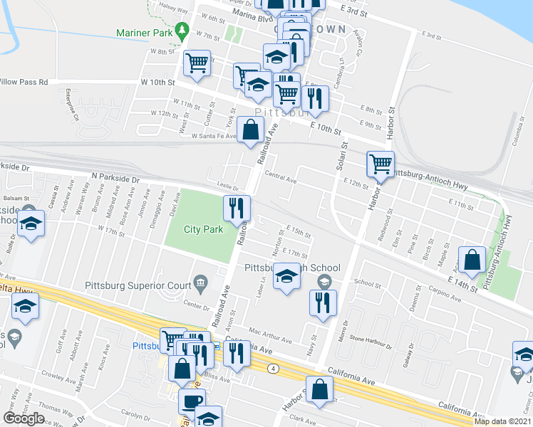 map of restaurants, bars, coffee shops, grocery stores, and more near 147 East 15th Street in Pittsburg