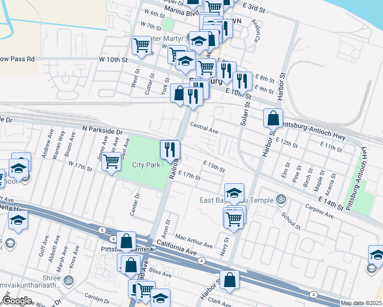 map of restaurants, bars, coffee shops, grocery stores, and more near 147 East 15th Street in Pittsburg