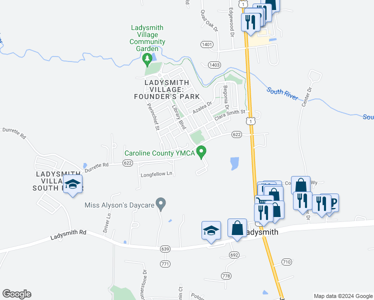map of restaurants, bars, coffee shops, grocery stores, and more near 7159 Durrette Road in Ruther Glen