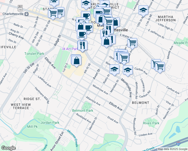 map of restaurants, bars, coffee shops, grocery stores, and more near 815 Avon Street in Charlottesville