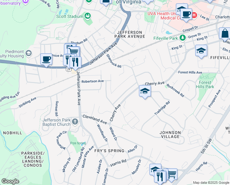map of restaurants, bars, coffee shops, grocery stores, and more near 1640 Center Avenue in Charlottesville