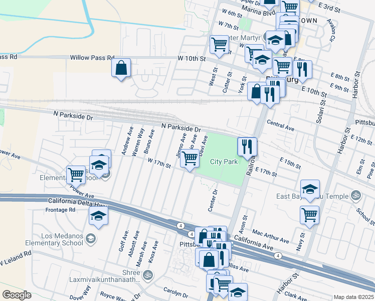 map of restaurants, bars, coffee shops, grocery stores, and more near 102 Dimaggio Avenue in Pittsburg