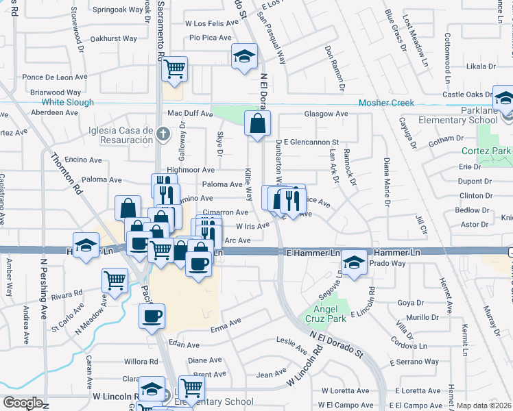 map of restaurants, bars, coffee shops, grocery stores, and more near 8118 Kiltie Way in Stockton