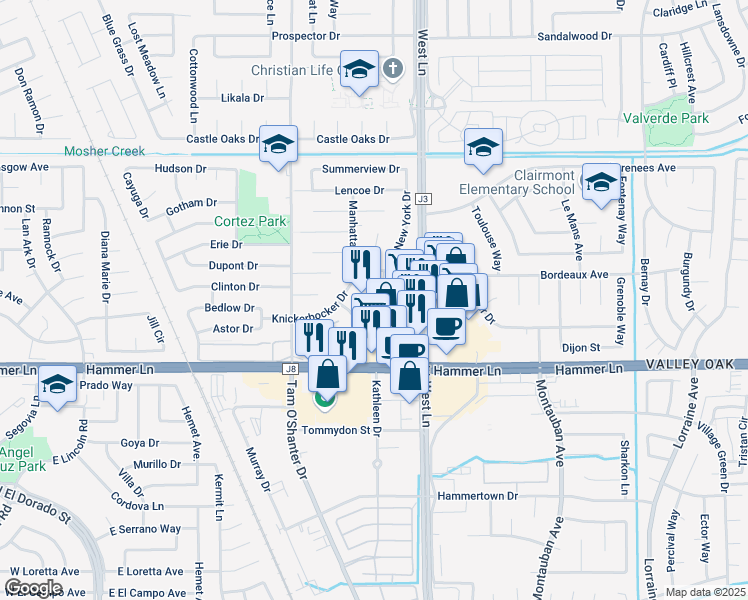 map of restaurants, bars, coffee shops, grocery stores, and more near 118 Knickerbocker Drive in Stockton