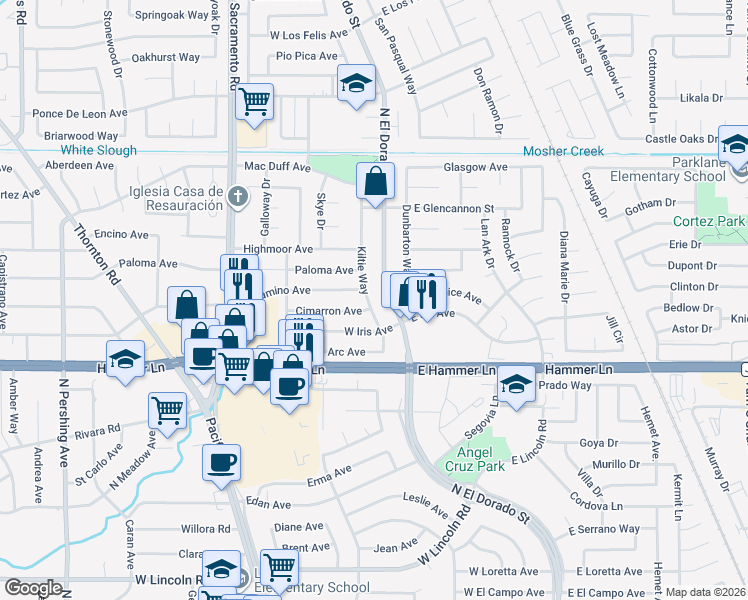 map of restaurants, bars, coffee shops, grocery stores, and more near 8118 Kiltie Way in Stockton
