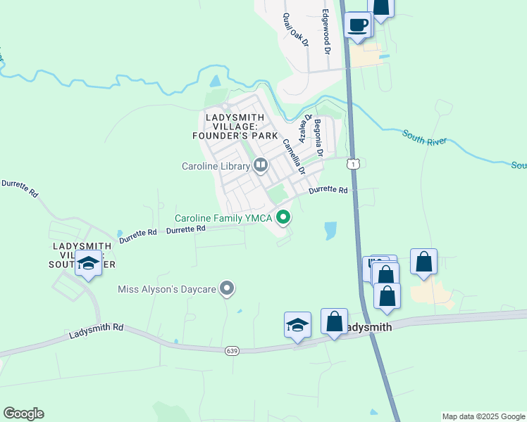 map of restaurants, bars, coffee shops, grocery stores, and more near 7159 Durrette Road in Ruther Glen