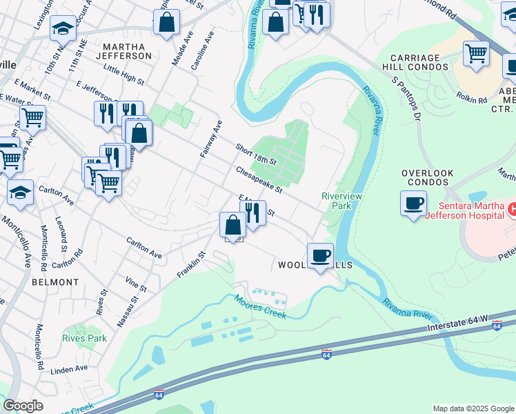 map of restaurants, bars, coffee shops, grocery stores, and more near 1707 East Market Street in Charlottesville