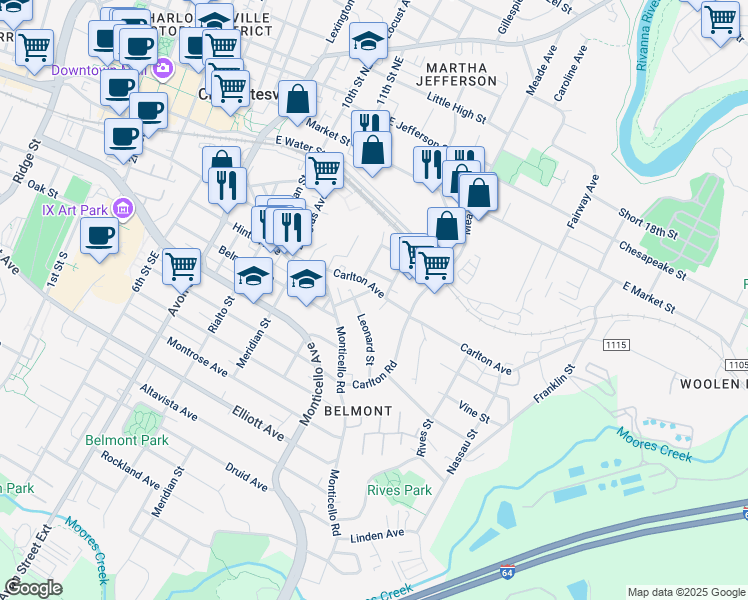 map of restaurants, bars, coffee shops, grocery stores, and more near 1201 Carlton Avenue in Charlottesville