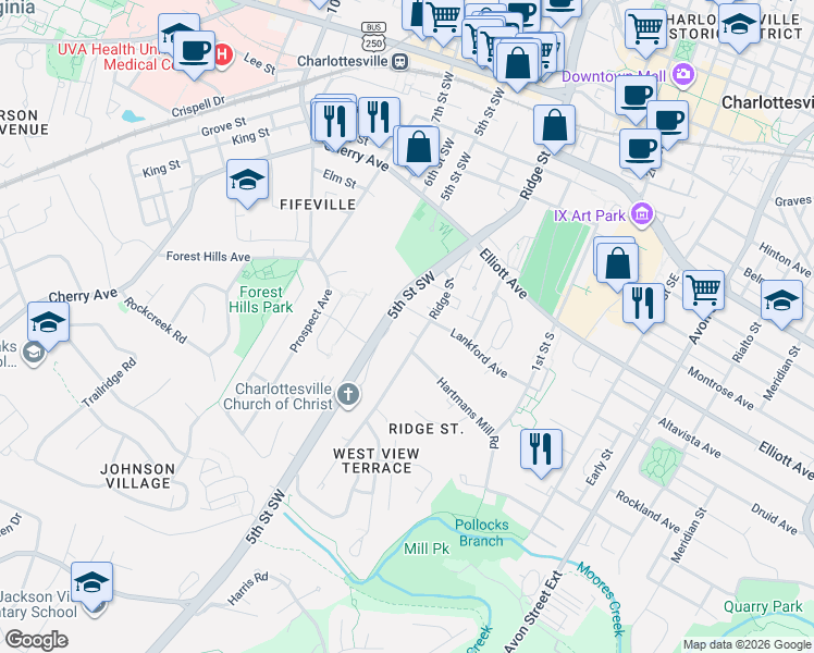map of restaurants, bars, coffee shops, grocery stores, and more near 932 5th Street Southwest in Charlottesville