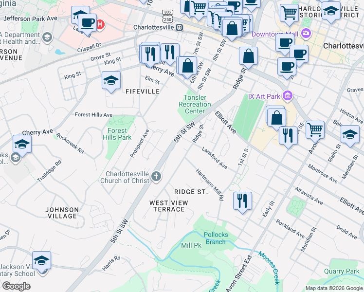 map of restaurants, bars, coffee shops, grocery stores, and more near 932 5th Street Southwest in Charlottesville