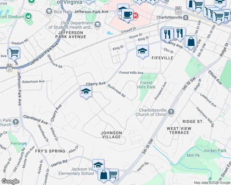 map of restaurants, bars, coffee shops, grocery stores, and more near 617 Rockcreek Road in Charlottesville