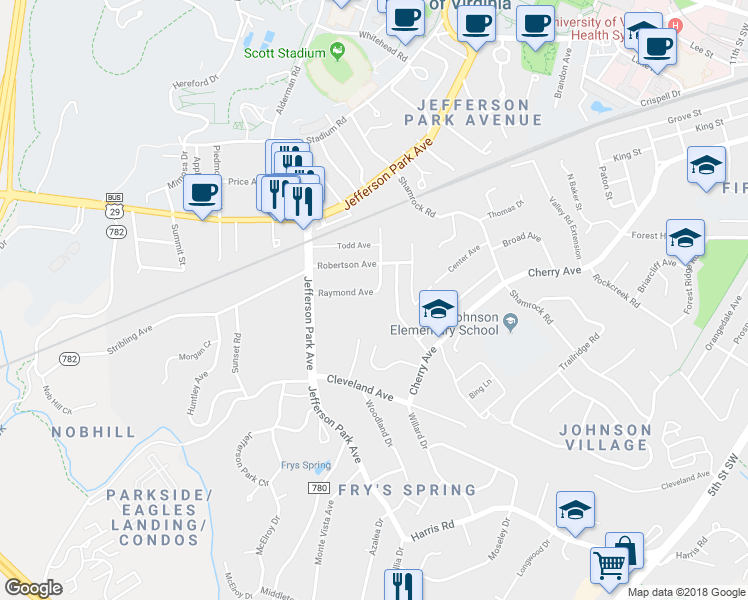 map of restaurants, bars, coffee shops, grocery stores, and more near 2311 Highland Avenue in Charlottesville