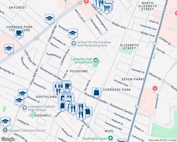 map of restaurants, bars, coffee shops, grocery stores, and more near 227 Norway Street in Lexington