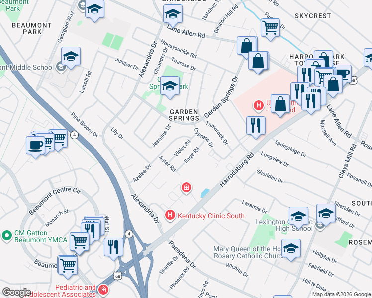 map of restaurants, bars, coffee shops, grocery stores, and more near 2129 Violet Road in Lexington