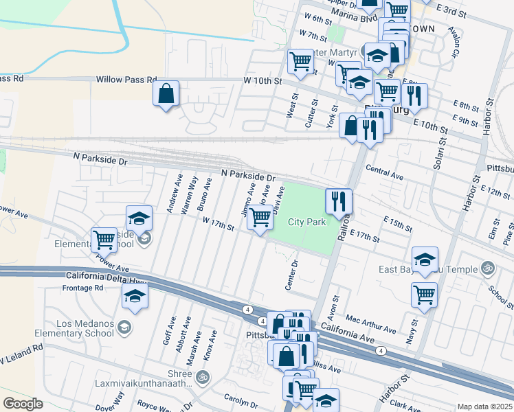 map of restaurants, bars, coffee shops, grocery stores, and more near 102 Dimaggio Avenue in Pittsburg