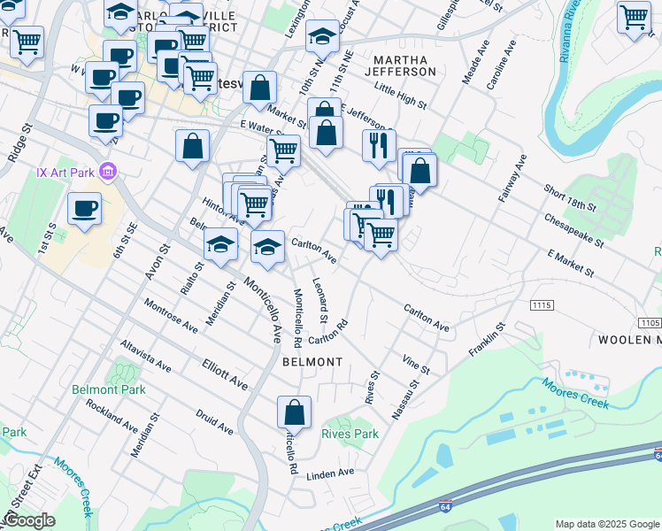 map of restaurants, bars, coffee shops, grocery stores, and more near 1204 Carlton Avenue in Charlottesville