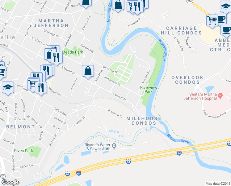 map of restaurants, bars, coffee shops, grocery stores, and more near 1707 East Market Street in Charlottesville