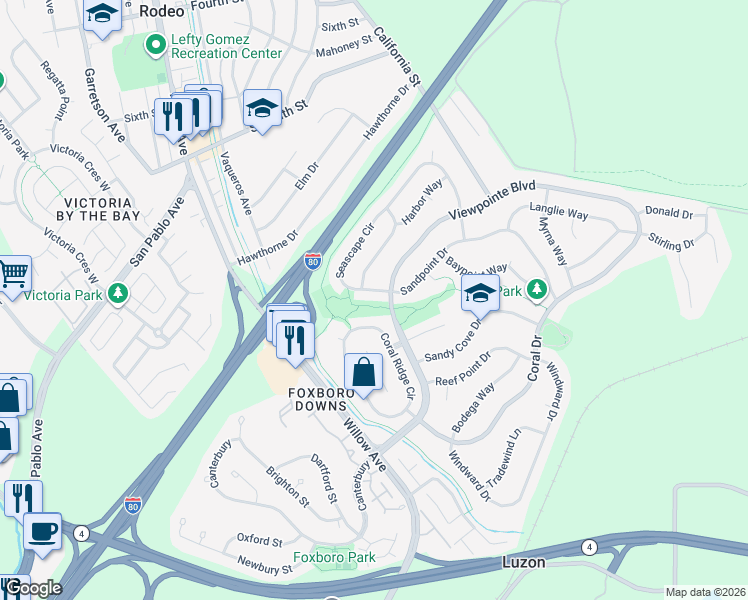 map of restaurants, bars, coffee shops, grocery stores, and more near 905 Seascape Circle in Rodeo