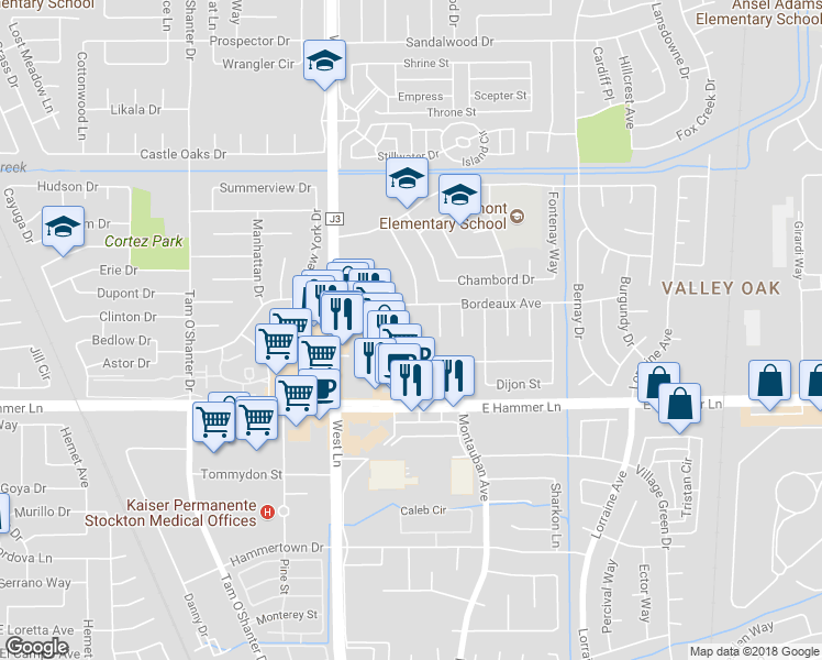 map of restaurants, bars, coffee shops, grocery stores, and more near 1673 Knickerbocker Court in Stockton