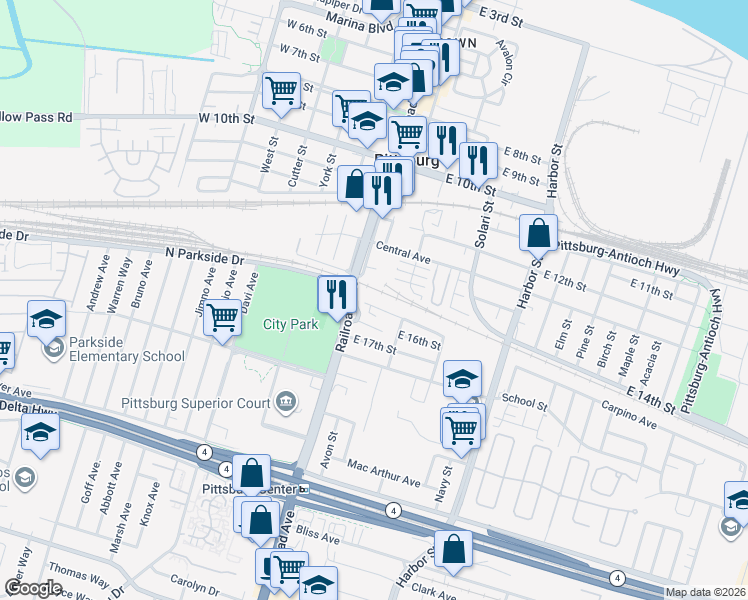 map of restaurants, bars, coffee shops, grocery stores, and more near 143 East 15th Street in Pittsburg