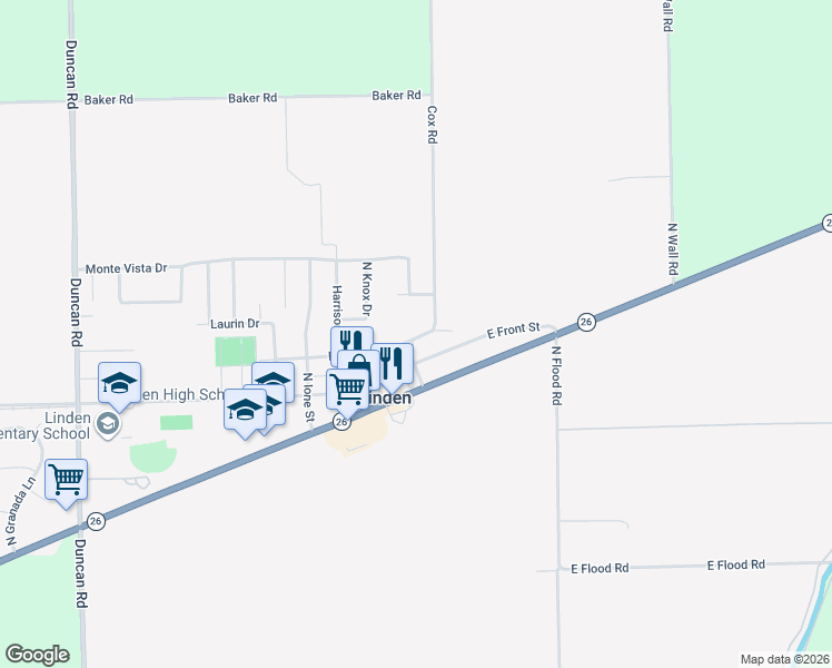 map of restaurants, bars, coffee shops, grocery stores, and more near 19119 East Grace Street in Linden